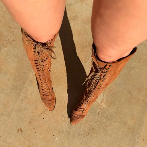 Jeffrey Campbell Sz 9 Brown 100% Lambs Leather Tall Lace Up boot Free People Joe - Picture 5 of 16